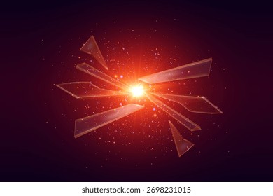 Explosión de fragmentos de vidrio brillante con explosión de luz brillante