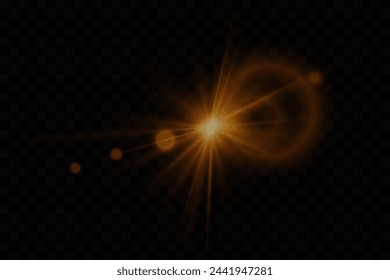 Una explosión de luz brillante y bengala. Brillante llamarada estelar. Sobre un fondo transparente.