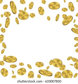 Explosion of gold coins with place for text on white background, vector illustration