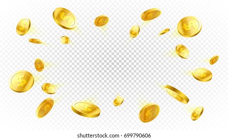 Explosion of gold coins with place for text on transparent background, vector illustration