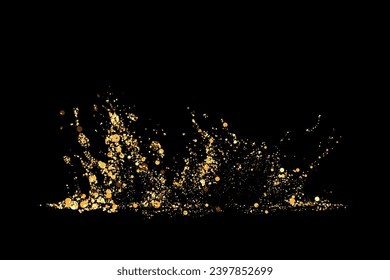 Explosion of golden particles on a dark background. Holiday background or design element