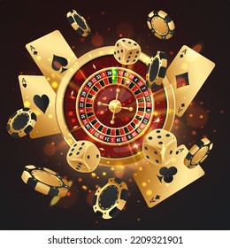 Explosion of golden poker chips, tokens, playing cards, dices, casino roulette on black background with golden light, rays, glare, sparkles. Vector illustration for casino, game design, advertising.