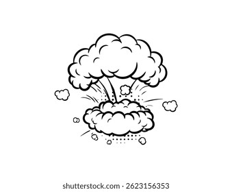 Explosion graphic with smoky clouds and halftone dots in a classic comic book style, black and white design on a transparent background