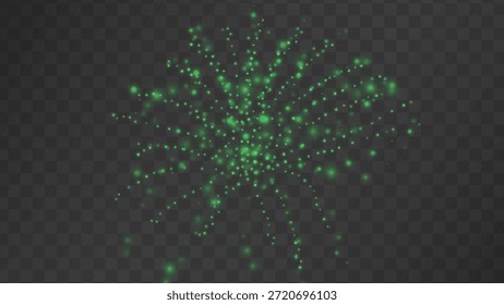 Explosión de polvo mágico verde sobre fondo oscuro. Partículas brillantes para un diseño festivo y mágico.