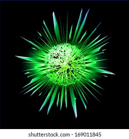 Explosion of green star with its fragments flying apart. Illustration on black background.
