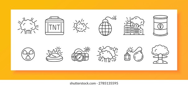 Explosion hazard set icon. Line icons depict blast cloud, tnt box, explosion spark, grenade, city damage, warning barrel, radiation sign, mine device, dynamite detonator, smoke burst