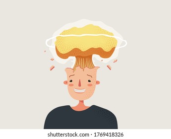 Explosion of head. Strong stress and information overload detonates characters head with nuclear charge bright creative idea angry at flat of colleagues and business vector clients.
