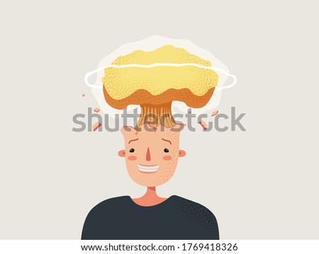 Explosion of head. Strong stress and information overload detonates characters head with nuclear charge bright creative idea angry at flat of colleagues and business vector clients.