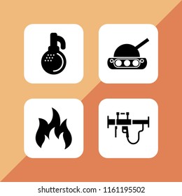 explosion icon. 4 explosion set with flame, war tank, bazooka and grenade vector icons for web and mobile app