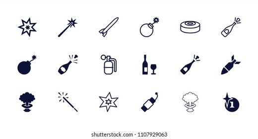 Explosion icon. collection of 18 explosion filled and outline icons such as opened champagne, firework, wine glass and bottle. editable explosion icons for web and mobile.