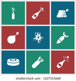 Explosion icon. collection of 9 explosion filled icons such as opened champagne, champagne, rocket bomb, dynamite, smoke bomb. editable explosion icons for web and mobile.