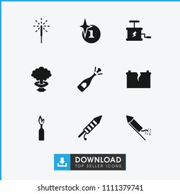 Explosion icon. collection of 9 explosion filled icons such as opened champagne, sparkler, fireworks, broken battery. editable explosion icons for web and mobile.