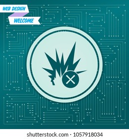 explosion icon on a green background, with arrows in different directions. It appears on the electronic board. Vector illustration