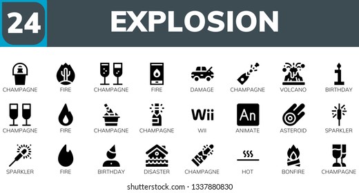 explosion icon set. 24 filled explosion icons.  Collection Of - Champagne, Fire, Damage, Volcano, Birthday, Wii, Animate, Asteroid, Sparkler, Disaster, Hot, Bonfire