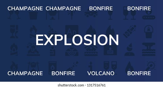 explosion icon set. 32 filled explosion icons. on blue background style Collection Of - Champagne, Bonfire, Volcano, Fire, Sparkler, Animate, Eruption, Damage, Disaster, Birthday
