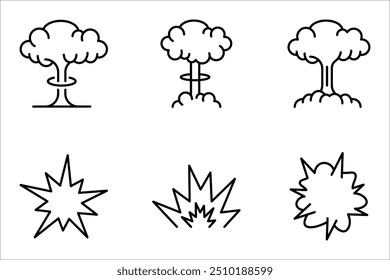 Conjunto de iconos de explosión, del ejército y la colección de guerra. Delgada explosión lineal, fuego, Ilustración vectorial de icono de contorno de explosión sobre fondo blanco