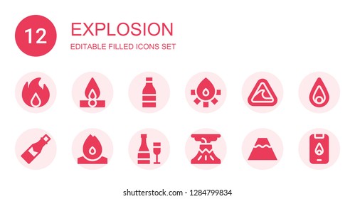 explosion icon set. Collection of 12 filled explosion icons included Fire, Champagne, Tsunami, Volcano