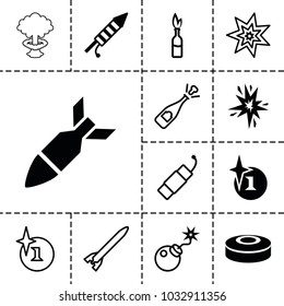 Explosion icons. set of 13 editable filled and outline explosion icons such as fireworks, rocket bomb, smoke bomb, opened champagne, bomb, firework, dynamite