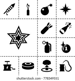 Explosion icons. set of 13 editable filled explosion icons such as explosion, fireworks, bomb, rocket bomb, dynamite, smoke bomb, smoking can