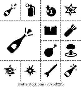 Explosion icons. set of 13 editable filled explosion icons such as explosion, opened champagne, explode, broken battery, champagne, rocket bomb