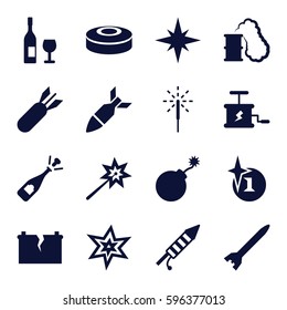 explosion icons set. Set of 16 explosion filled icons such as explosion, opened champagne, sparkler, fireworks, broken battery, rocket bomb, dynamite, smoke bomb, smoking can
