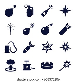 Explosion icons set. set of 16 explosion filled icons such as explosion, opened champagne, bomb, sparkler, rocket bomb, dynamite, smoke bomb, smoking can, explode