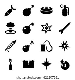 Explosion icons set. set of 16 explosion filled icons such as explosion, bomb, fireworks, broken battery, rocket bomb, dynamite, smoke bomb, smoking can