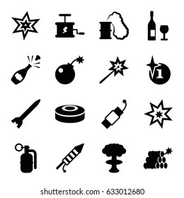 Explosion icons set. set of 16 explosion filled icons such as fireworks, firework, bomb, dynamite, smoke bomb, smoking can, rocket bomb, wine glass and bottle, champagne