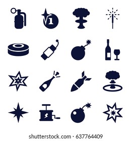 Explosion icons set. set of 16 explosion filled icons such as opened champagne, sparkler, firework, bomb, rocket bomb, dynamite, smoke bomb