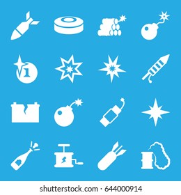 Explosion icons set. set of 16 explosion filled icons such as explosion, opened champagne, bomb, fireworks, firework, broken battery, rocket bomb, dynamite, smoke bomb