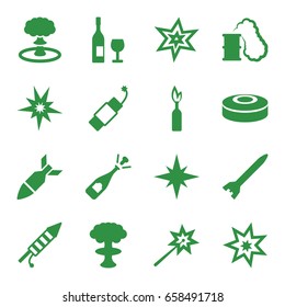 Explosion icons set. set of 16 explosion filled icons such as opened champagne, fireworks, firework, rocket bomb, smoke bomb, smoking can, dynamite, wine glass and bottle