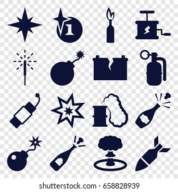 Explosion icons set. set of 16 explosion filled icons such as explosion, opened champagne, bomb, sparkler, firework, broken battery, rocket bomb, dynamite, smoking can
