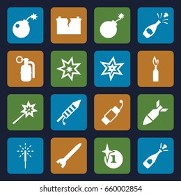 Explosion icons set. set of 16 explosion filled icons such as explosion, opened champagne, sparkler, fireworks, firework, broken battery, bomb, rocket bomb, dynamite