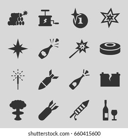 Explosion icons set. set of 16 explosion filled icons such as opened champagne, sparkler, fireworks, broken battery, rocket bomb, dynamite, smoke bomb, wine glass and bottle