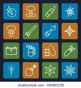 explosion icons set. Set of 16 explosion outline icons such as sparkler, firework, broken battery, rocket bomb, dynamite, smoking can, champagne