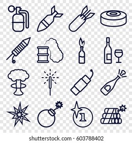Explosion icons set. set of 16 explosion outline icons such as sparkler, fireworks, firework, rocket bomb, dynamite, smoke bomb, smoking can, opened champagne