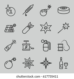 Explosion icons set. set of 16 explosion outline icons such as explosion, bomb, fireworks, rocket bomb, dynamite, smoke bomb, smoking can, opened champagne