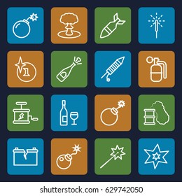 Explosion icons set. set of 16 explosion outline icons such as explosion, bomb, sparkler, fireworks, broken battery, rocket bomb, dynamite, smoking can, opened champagne