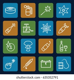 Explosion icons set. set of 16 explosion outline icons such as bomb, fireworks, firework, broken battery, rocket bomb, dynamite, smoke bomb, smoking can, opened champagne