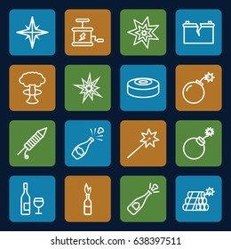Explosion icons set. set of 16 explosion outline icons such as fireworks, broken battery, bomb, dynamite, smoke bomb, opened champagne, wine glass and bottle, champagne