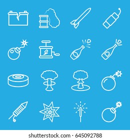 Explosion icons set. set of 16 explosion outline icons such as bomb, sparkler, fireworks, firework, broken battery, dynamite, smoke bomb, smoking can, rocket bomb