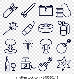 Explosion icons set. set of 16 explosion outline icons such as bomb, sparkler, firework, broken battery, rocket bomb, dynamite, smoke bomb, smoking can, wine glass and bottle