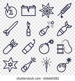 Explosion icons set. set of 16 explosion outline icons such as explosion, bomb, sparkler, fireworks, firework, broken battery, rocket bomb, smoking can, dynamite