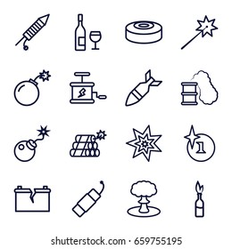 Explosion icons set. set of 16 explosion outline icons such as explosion, bomb, fireworks, firework, broken battery, rocket bomb, dynamite, smoke bomb, smoking can