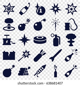 Explosion icons set. set of 25 explosion filled icons such as opened champagne, bomb, sparkler, fireworks, firework, broken battery, rocket bomb, dynamite, smoke bomb