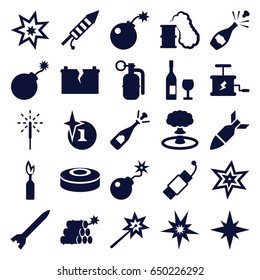 Explosion icons set. set of 25 explosion filled icons such as explosion, opened champagne, bomb, sparkler, fireworks, firework, broken battery, rocket bomb, dynamite