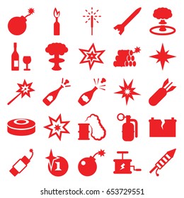 Explosion icons set. set of 25 explosion filled icons such as opened champagne, sparkler, fireworks, firework, broken battery, bomb, rocket bomb, dynamite, smoke bomb