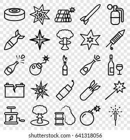 Explosion icons set. set of 25 explosion outline icons such as bomb, sparkler, fireworks, firework, broken battery, rocket bomb, dynamite, smoke bomb, smoking can