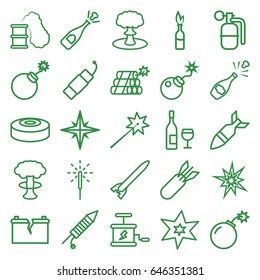 Explosion icons set. set of 25 explosion outline icons such as bomb, sparkler, fireworks, firework, broken battery, rocket bomb, dynamite, smoke bomb, smoking can