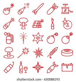 Explosion icons set. set of 25 explosion outline icons such as bomb, sparkler, fireworks, firework, broken battery, rocket bomb, dynamite, smoke bomb, opened champagne